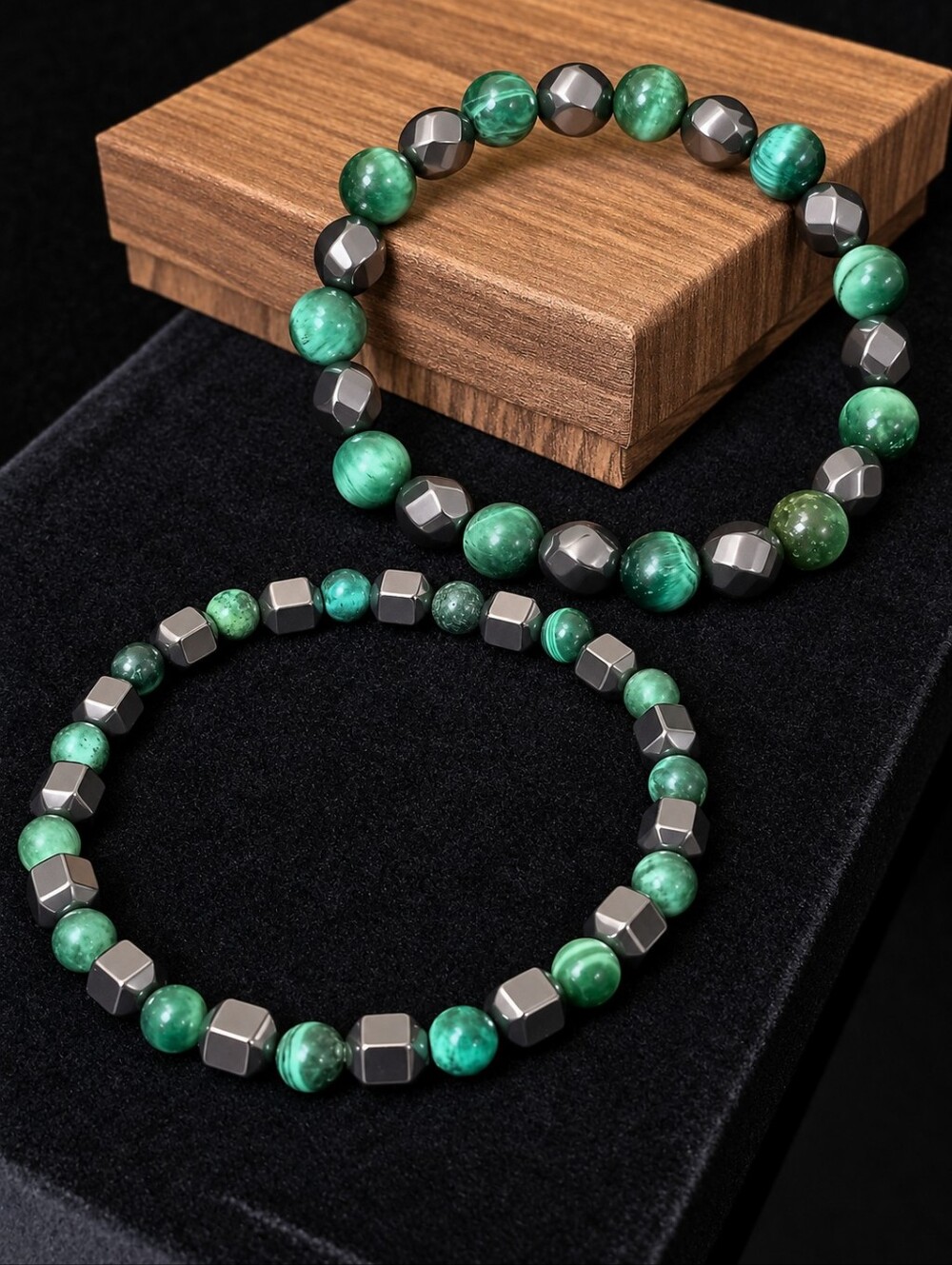 Green Tiger Eye And Hematite Beaded Bracelet Set